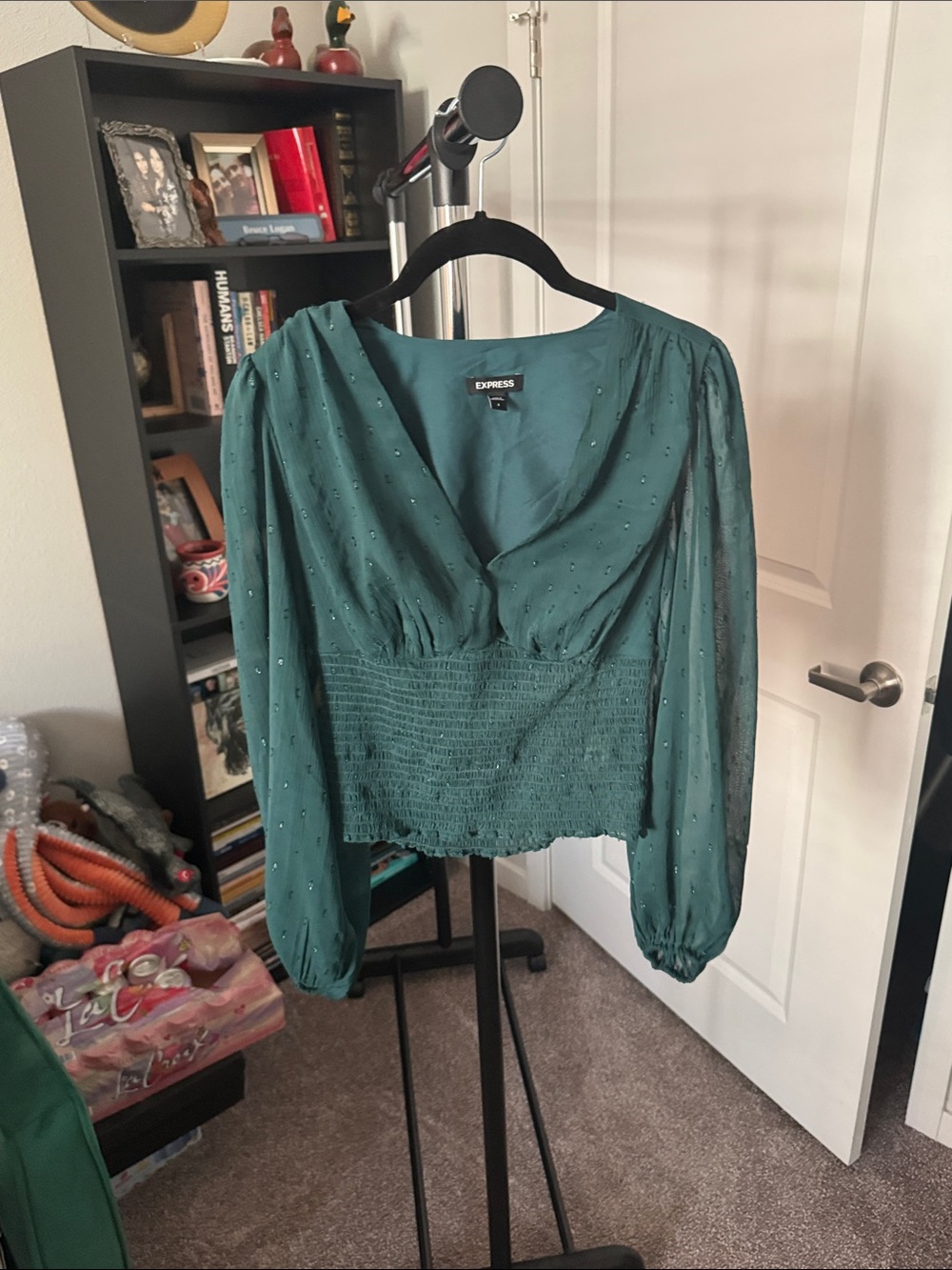 Express Teal Green V-Neck Smocked Waist Blouse